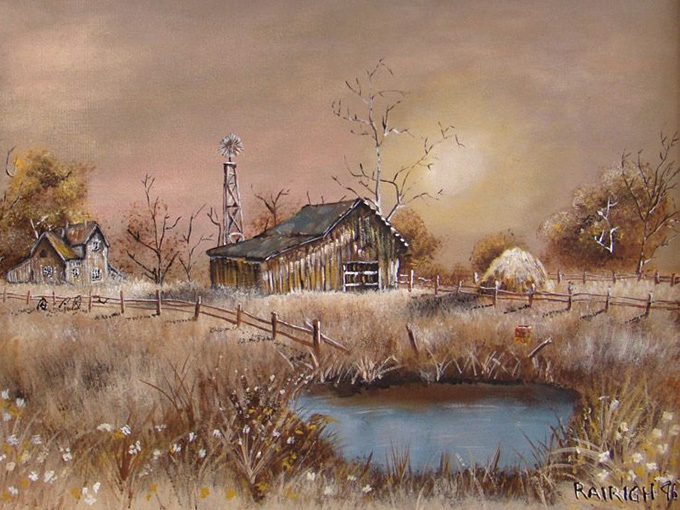 Painting of a bran by a pond