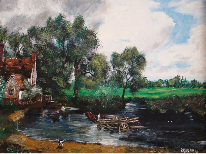 Painting of a house by a river
