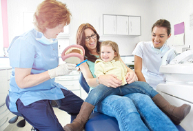 family sitting in dental chair 