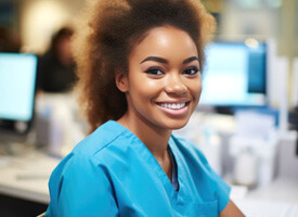 smiling dental team member sitting in front of computer