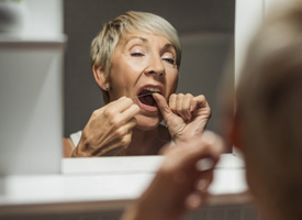 Woman flossing her teeth in the bathroom mirror