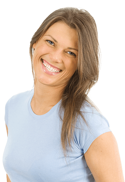 Smiling woman in light blue shirt
