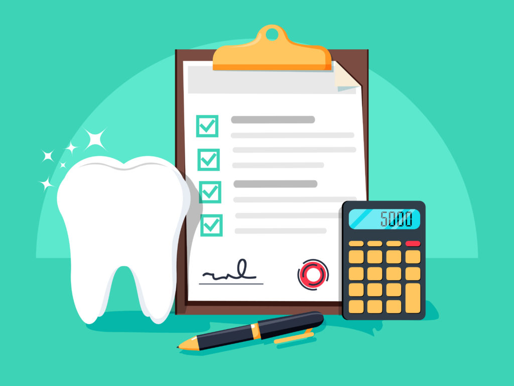 Illustration of calculator, tooth, and dental insurance paperwork